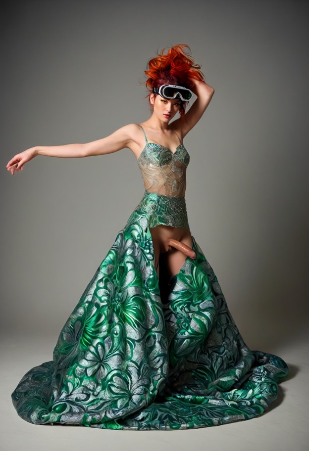 a full-length high-fashion editorial photograph focusing on a woman in an avant-garde gown made of exotic,contrasting…