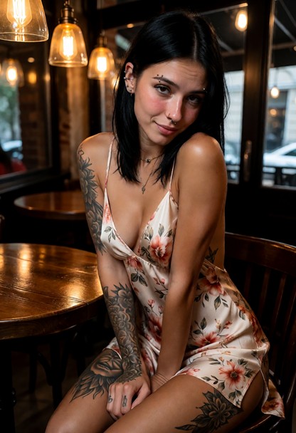 Location: a cozy, dimly lit cafe during a quiet evening, with warm amber light from hanging pendant lamps reflecting …