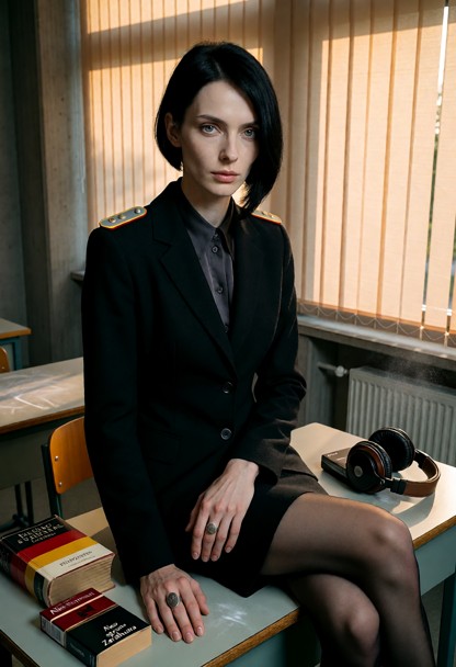 1girl, Adelheid von Schönau, 27yo, porcelain skin, razor-sharp asymmetric ink-black bob, ice-gray eyes, sharp cheekbo…