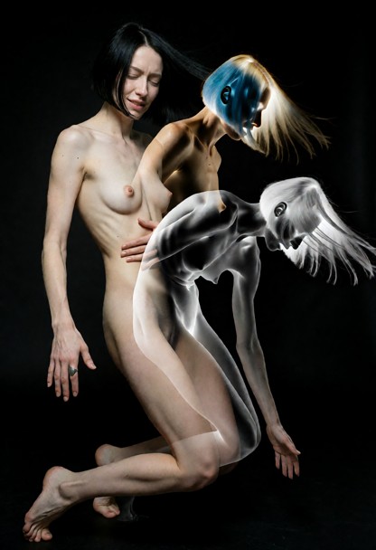 Vertical 9:16 surrealist photograph created through multiple exposure and stroboscopic flash photography. At the cent…