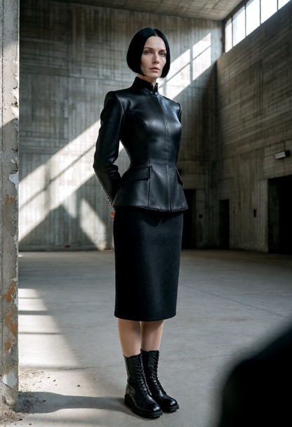An ultra-photorealistic 8k RAW industrial full-body photograph, viewed from head to toe, of a 27-year-old aristocrati…