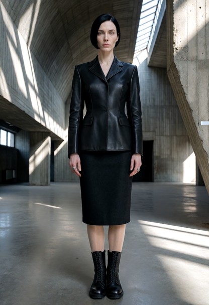 An ultra-photorealistic 8k RAW industrial full-body photograph, viewed from head to toe, of a 27-year-old aristocrati…