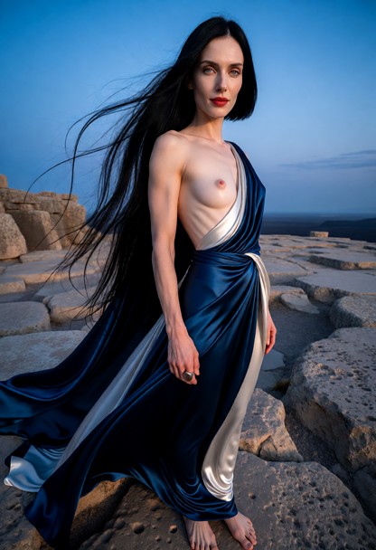 A dramatic low-angle, full-body RAW photograph, viewed from head to toe, capturing the ultimate majestic transfigurat…