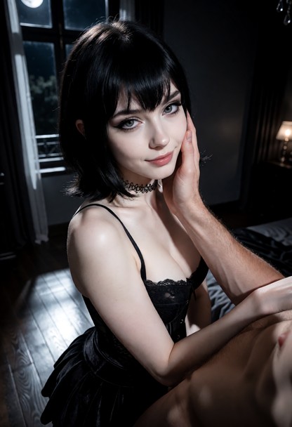 Location: night in a dimly lit bedroom with moonlight filtering through the open window, casting soft silvery highlig…