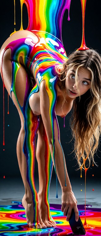 A surreal digital art masterpiece of Adrianna completely naked captured from a low side-and-rear angle. focus on her …
