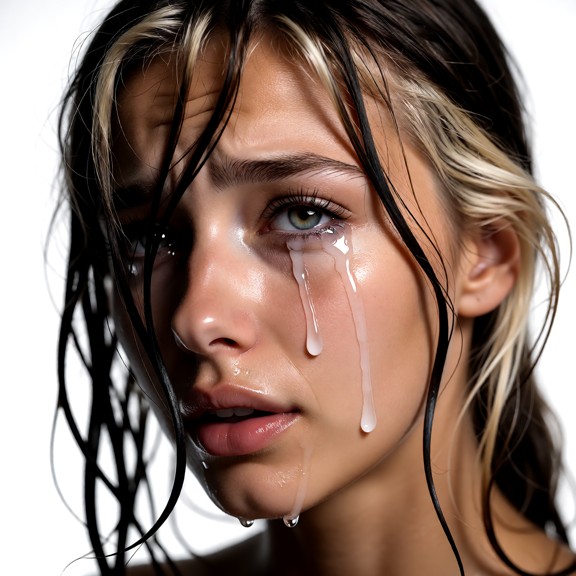 A close-up cinematic portrait of Adrianna crying, high-contrast monochrome, black and white photography. Wet strands …