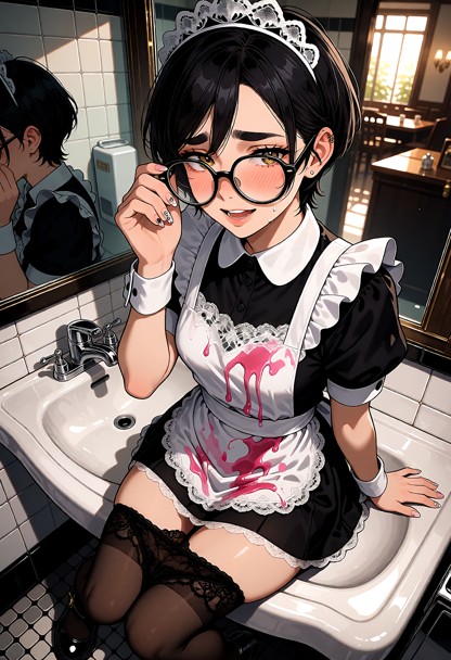 Location: afternoon in a small, clean café restroom with white tiled walls, a polished porcelain sink, and a large mi…