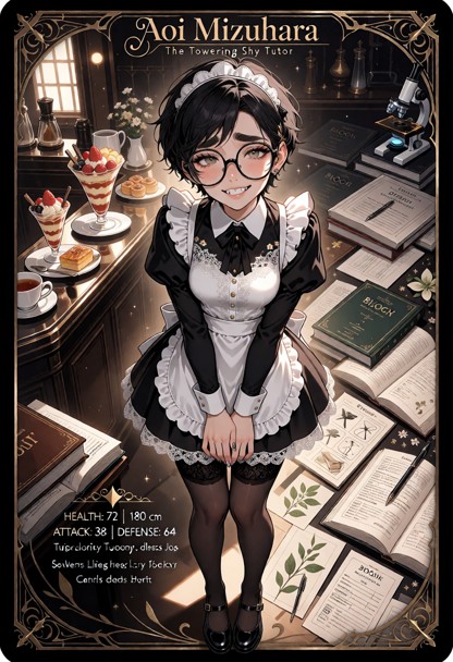 Create a premium collectible trading card featuring Aoi Mizuhara, with her name prominently displayed in elegant lett…