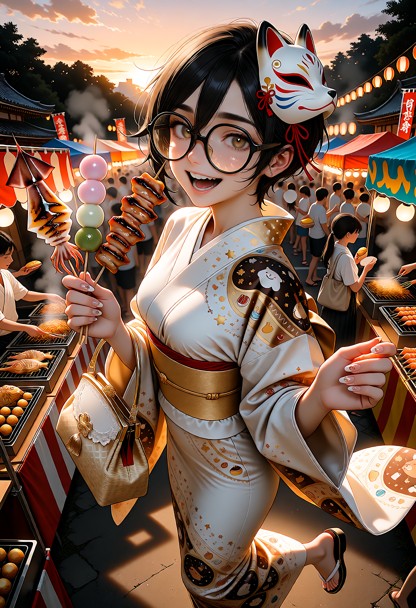 A highly detailed, high-quality anime-style dating-sim character illustration of Aoi Mizuhara enjoying a lively Japan…