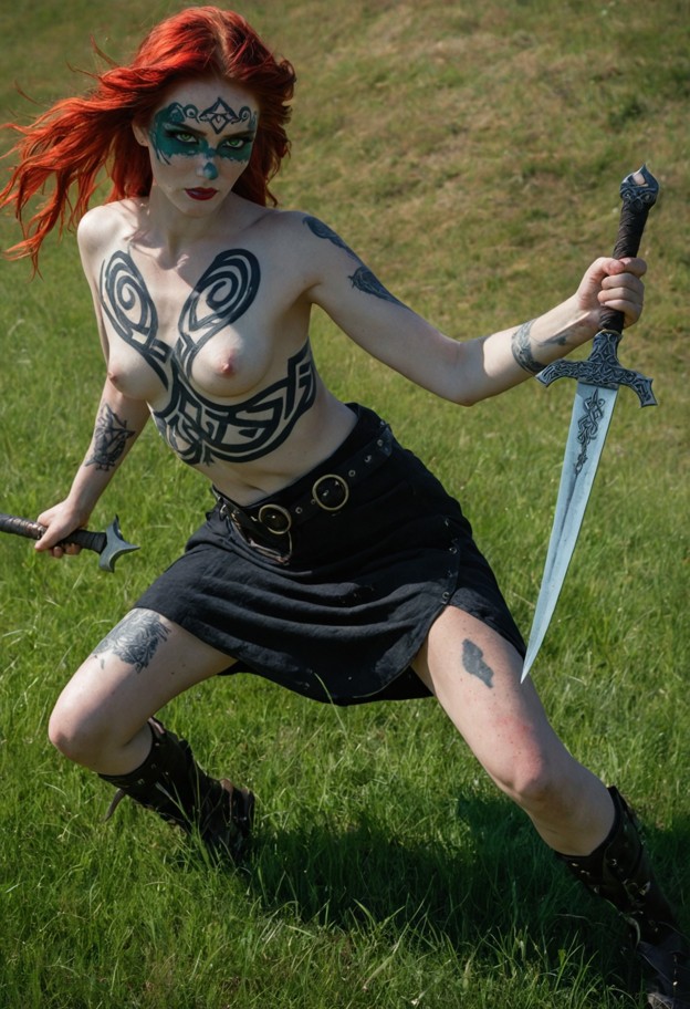 extreme wide shot of a female blacksmith on a grassy hill,swinging a [huge two-handed claymore] in a wide horizontal …