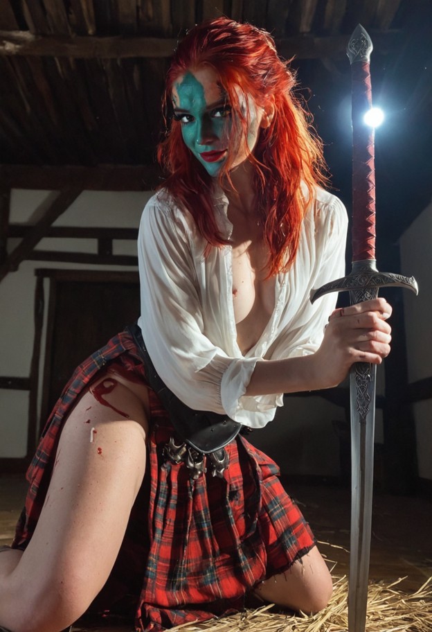 a sexy she is is leaning on a massive two-handed sword,smiling,torn white blouse,short shredded red kilt,dim barn int…