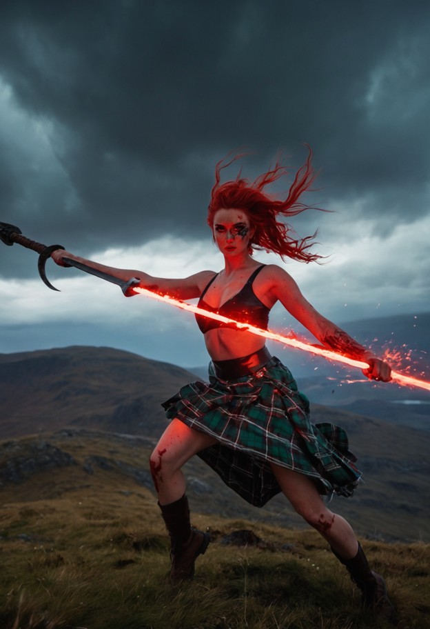 extreme wide shot of a female blacksmith on a windswept scottish hill,performing a massive horizontal swing with a [h…
