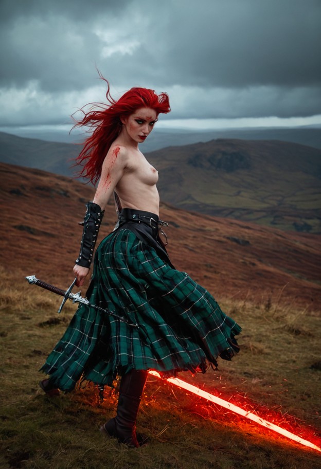 extreme
 wide shot of a female blacksmith on a windswept scottish hill,performing a massive horizontal swing with a […