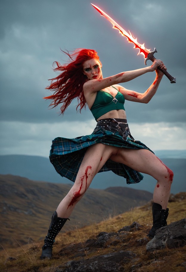 extreme
 wide shot of a female blacksmith on a windswept scottish hill,performing a massive horizontal swing with a […