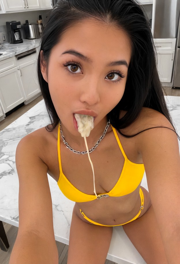 1girl sitting,naked,bright yellow tight bikini bra,delicate thin silver ankle chain,modern kitchen,white marble count…