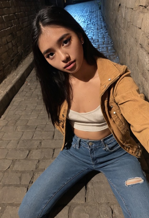 she is sitting on the ground in a dark alleyway,wearing brown fabric jacket and dark denim jeans,dark alleyway,cracke…