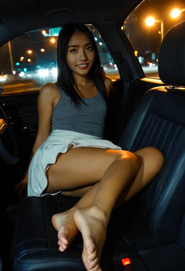 she is sitting in passenger seat with bare  on dashboard,white cotton skirt,grey tank top,black leather jacket,inside…
