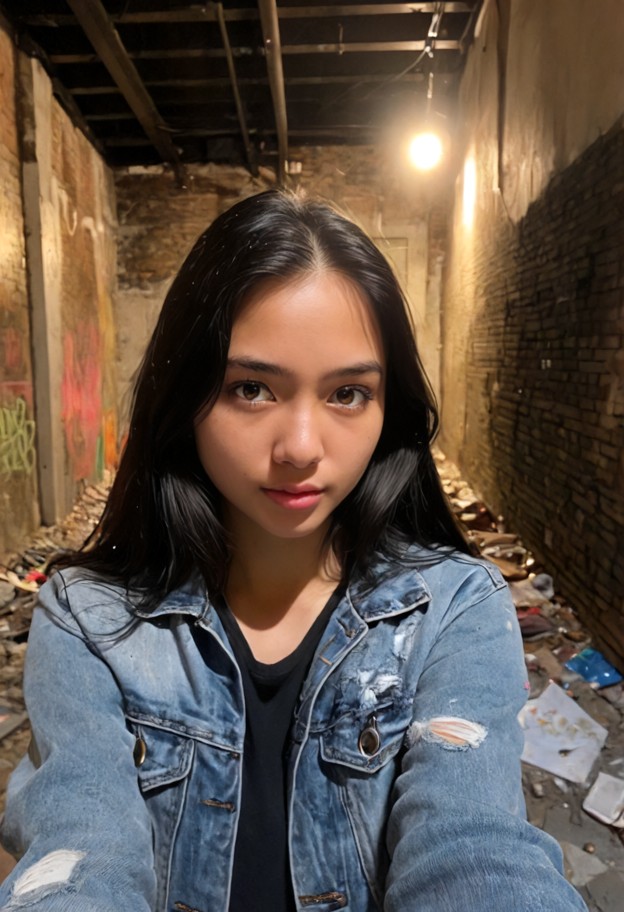 1girl,standing against dirty brick wall in narrow alleyway,tall buildings surrounding,wearing worn-out blue denim jac…