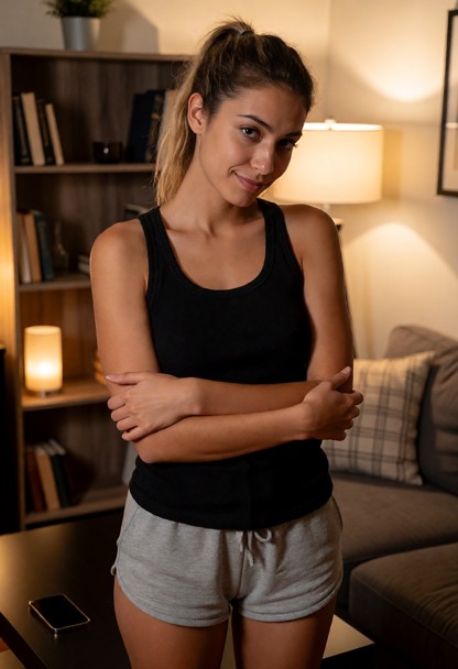 Location: evening in a cozy apartment with warm ambient lighting from a floor lamp, casting soft shadows across the w…