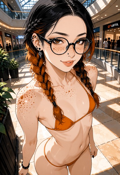 woman standing in mall, small orange bikini, full view looking at viewer with smile