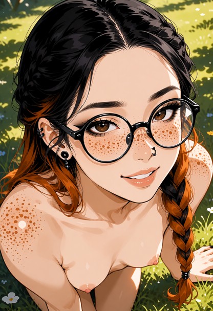 woman lying on her back in the grass naked full view of body fully naked ass and tits out, looking up with smile, sunny