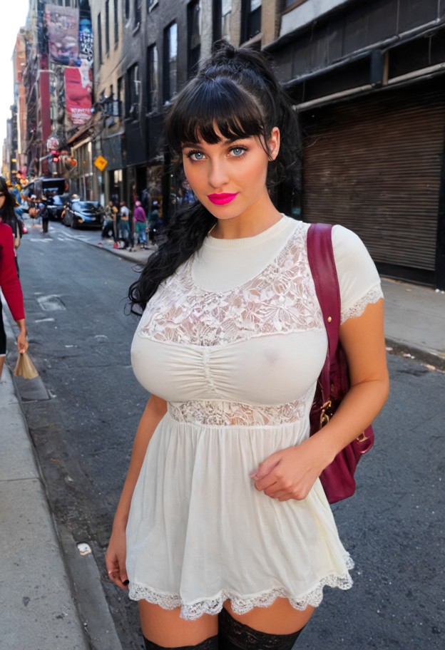 she’s on a new york city street corner,hair back in a ponytail,dark pink lipstick,(crew neck:1:2),(thigh-length white…
