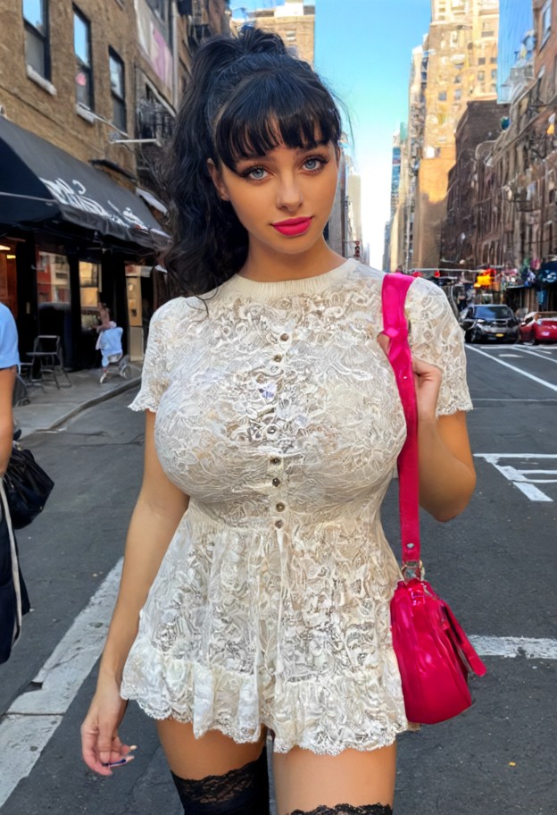 she’s on a new york city street corner,hair back in a ponytail,dark pink lipstick,(crew neck:1:2),(thigh-length white…