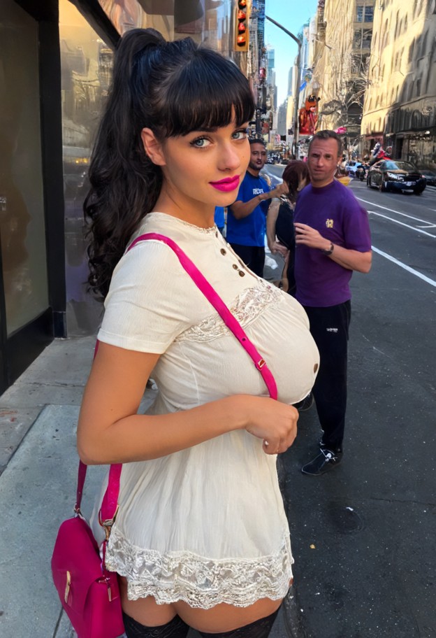she’s on a new york city street corner,hair back in a ponytail,dark pink lipstick,(crew neck:1:2),(thigh-length white…