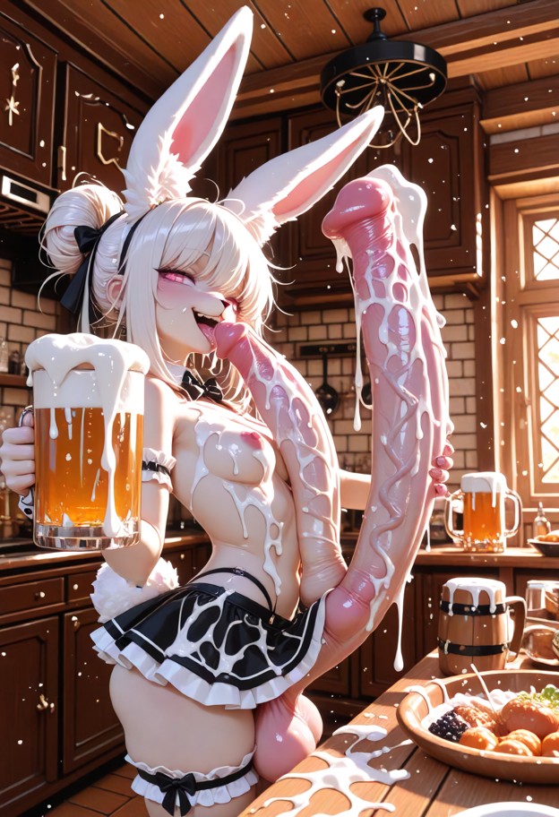 futanari,kitchen,hyper penis,hyper breast,hyper testicles,cum in food,bukkake,table full of cum,cum on face,cum on ha…