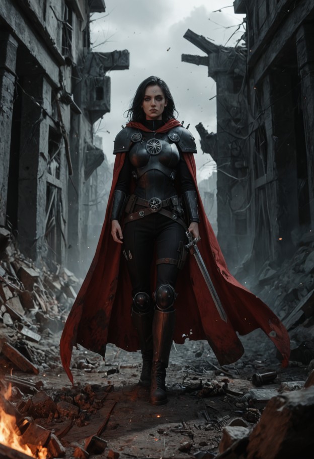 full body shot of inquisitor standing amidst the smoldering 
ruins of a heretic cultist shrine. she holds a master-cr…