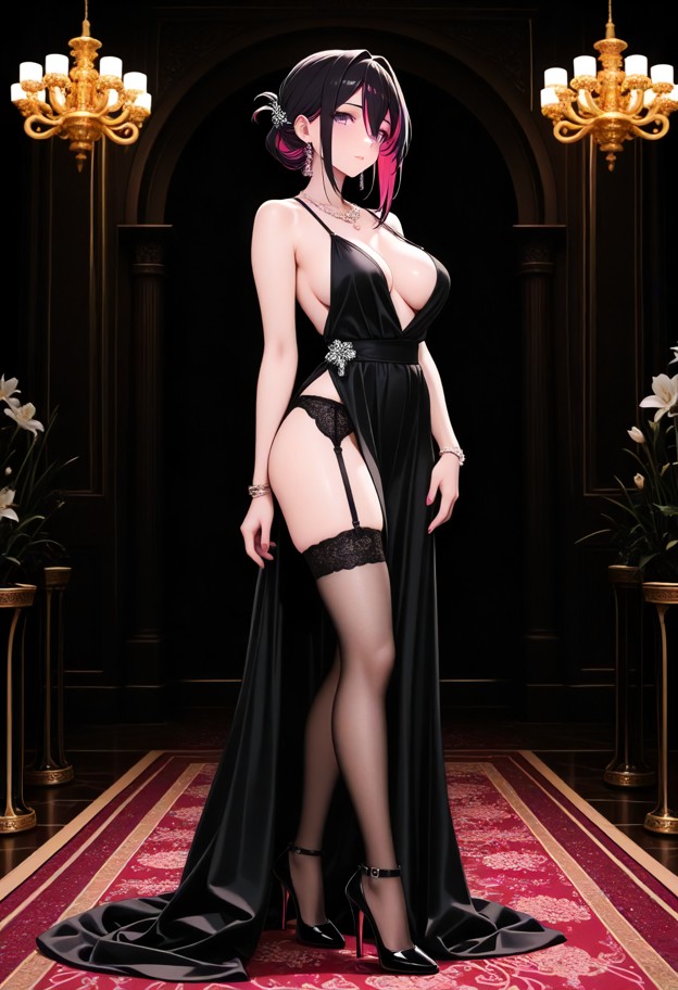 a she is is standing in a luxury ballroom,wearing an evening dress with a slit,garter belt,stockings,and stiletto hee…