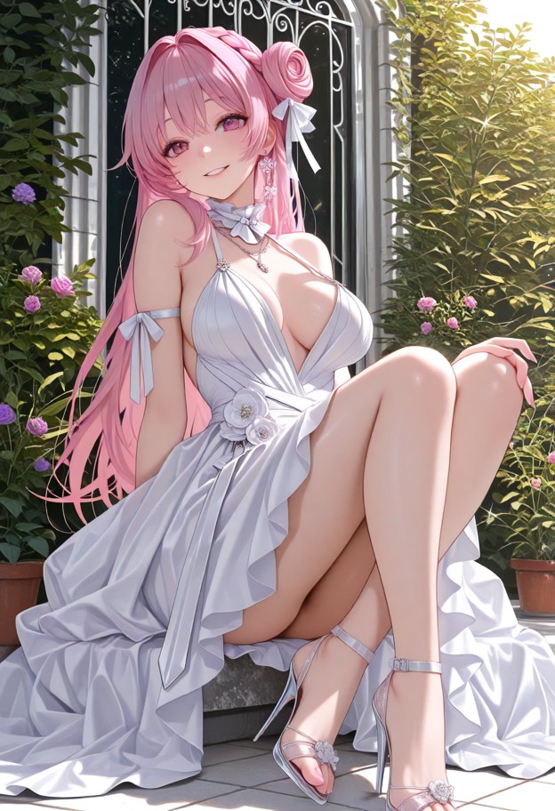 white high-tailed dress,stiletto_heels,sitting,crossed_legs,garden,long hair,