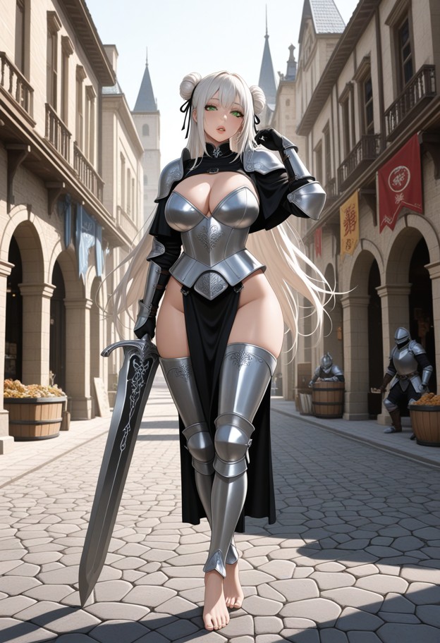 1girl,feminine knight armor,form-fitting plate armor,elegant engraved details,standing in a lively castle market,grea…