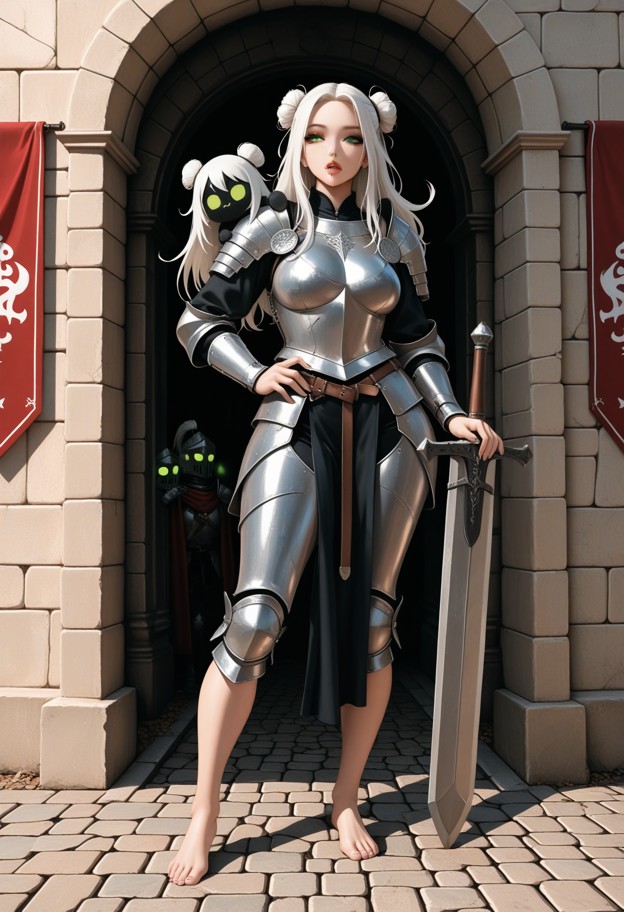 1girl,knight armor,medieval plate armor,standing in a bustling castle market,greatsword resting on shoulder,bare feet…