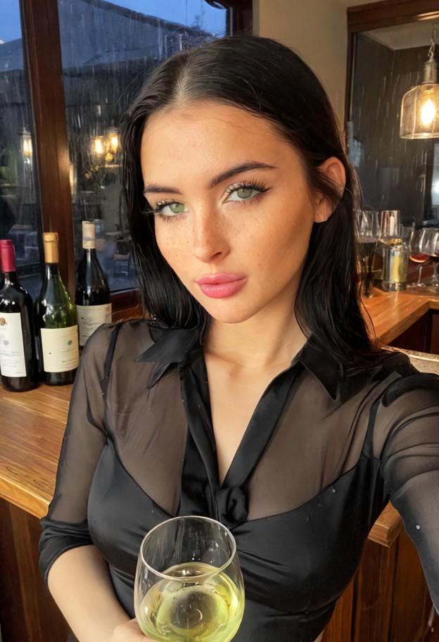 she is is holding a wine glass to her lips,black silk blouse,dimly lit bar,wooden counter,glass bottles,rain on windo…
