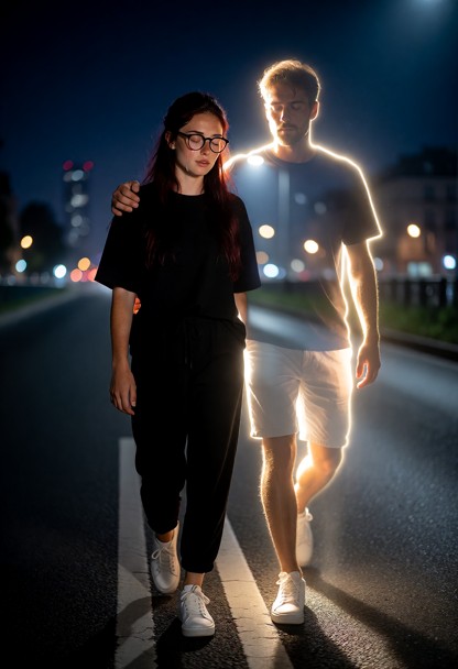 L'image représente une scène nocturne surréaliste se déroulant dans une rue, peut-être en ville ; elle se caractérise…