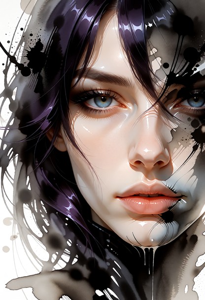 Il s'agit d'une aquarelle en noir et blanc représentant le visage d'une femme, traitée dans un style libre et express…
