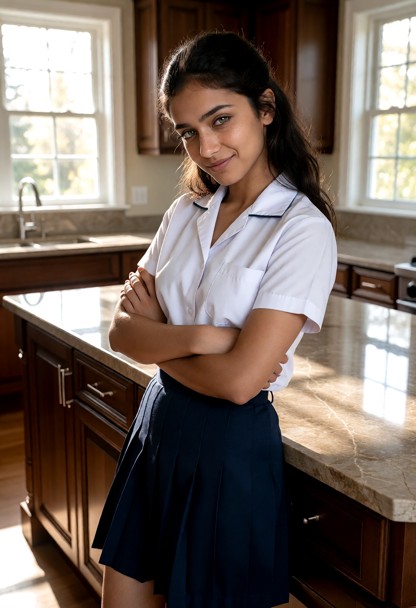 Location: quiet afternoon in a spacious, empty kitchen with polished marble countertops, dark wooden cabinetry, and s…