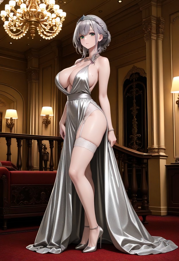 she is is standing in a ballroom,evening dress,dress slit,garter belt,stockings,stiletto heels,luxurious ballroom,ful…