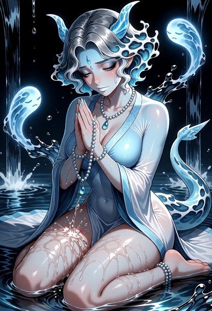 Water temple, kneeling in water, flowing water, waterfalls, spreading legs, water spraying on female, eyes closed, pr…