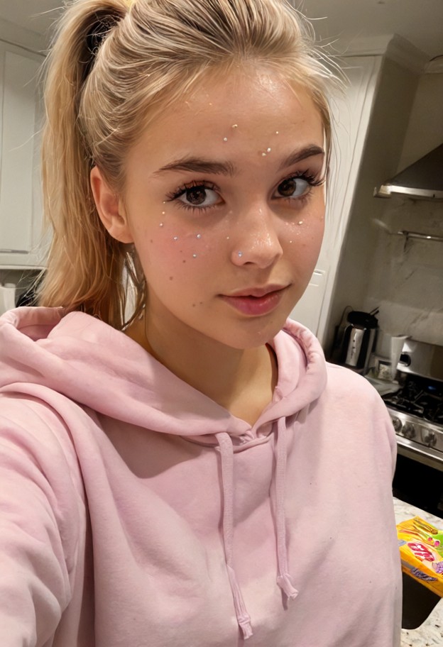 she is stands by the counter holding a pocky box,oversized pastel pink cotton hoodie,dim kitchen,marble countertop,me…