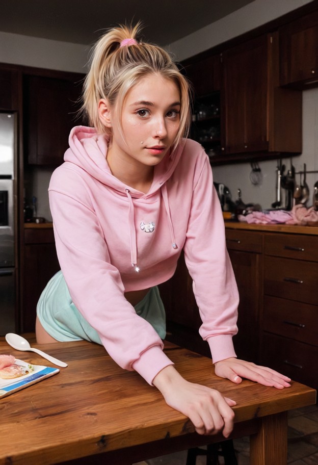 mika is leaning forward on the wooden table holding a spoon,oversized pastel pink cotton hoodie,one shoulder slipped,…