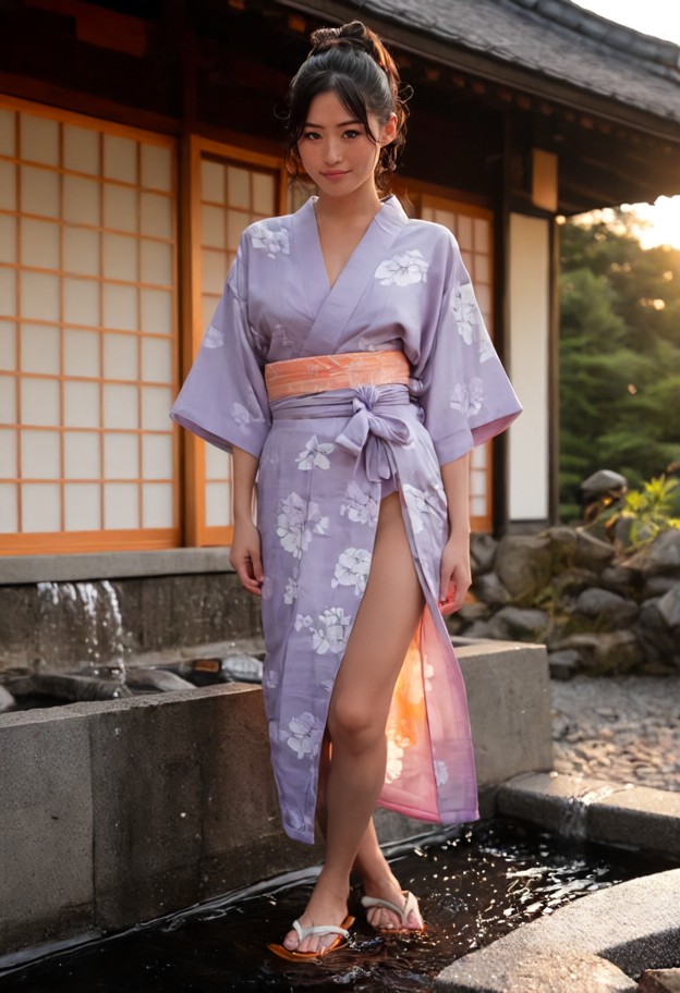 japanese korean pop idol. a natural open-air bath in japan. she is wearing an elegant yukata in a soft lavender color…