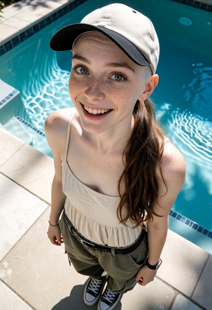 Location: outside next to the pool, Jenny cancer gone and she has all her hair brown long hair in ponytail Position: …