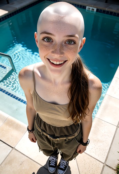 Location: outside next to the pool, Jenny cancer gone and she has brown long hair in ponytail Position: Jenny stands …