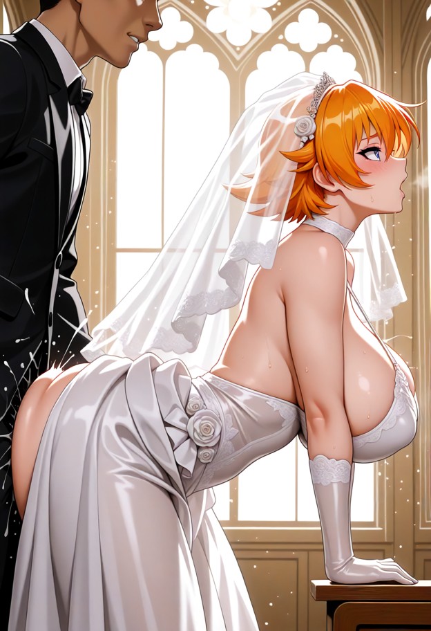 sakura in a white wedding dress,in a church,sunlight through the windows,1 men,female_orgasm,doggystyle,side view,pro…
