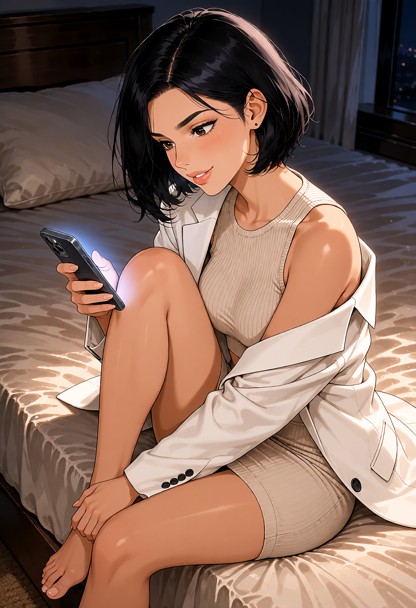 Location: dimly lit bedroom at night with soft ambient light catching the texture of the beige bedding and the subtle…