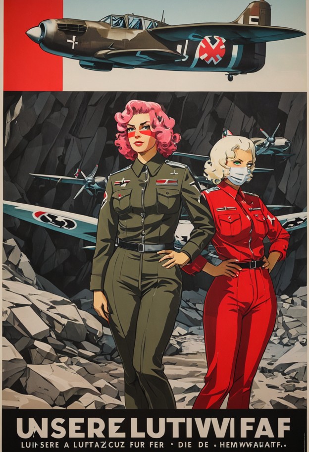 a 1970s vintage swiss military recruitment poster. two female pilots 
stand in the foreground wearing red flight suit…