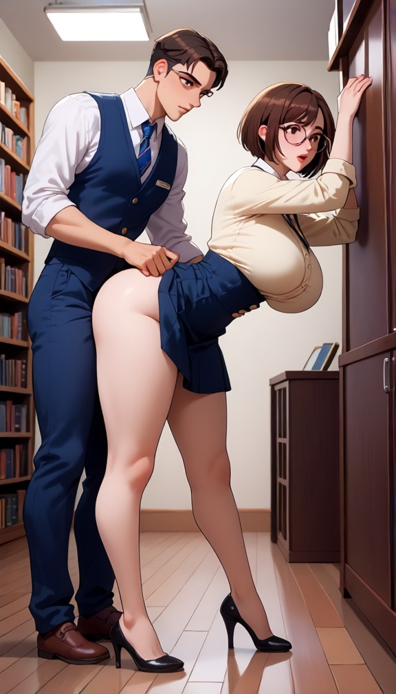 tenue d'écoliere japonaise super court,decolter tres plongeant,1girl,1man,adult man,standing sex,from behind,bent ove…