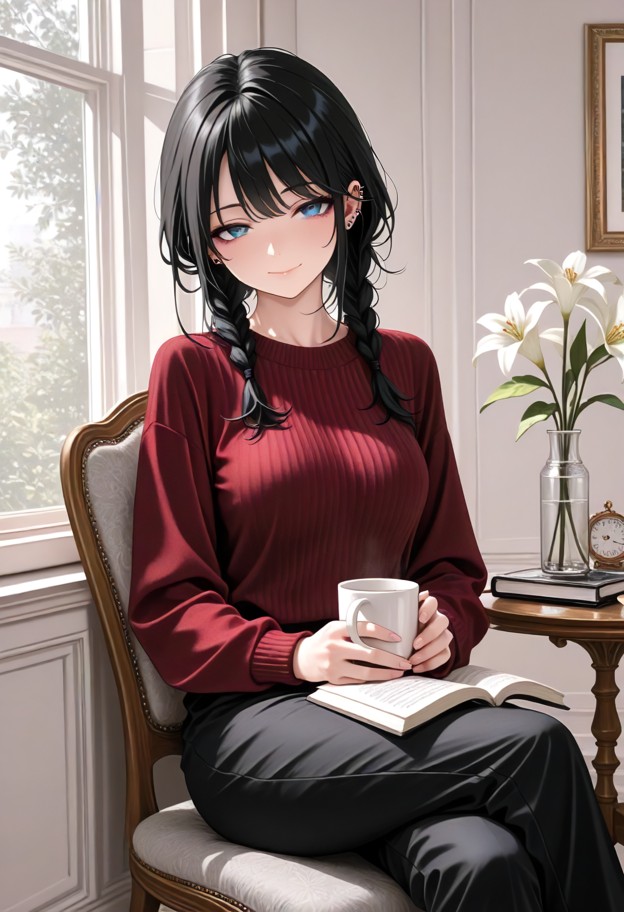 1girl,sitting on gray chair,burgundy sweater,black trousers,crossed legs,arms on thighs,holding ceramic mug,staring o…